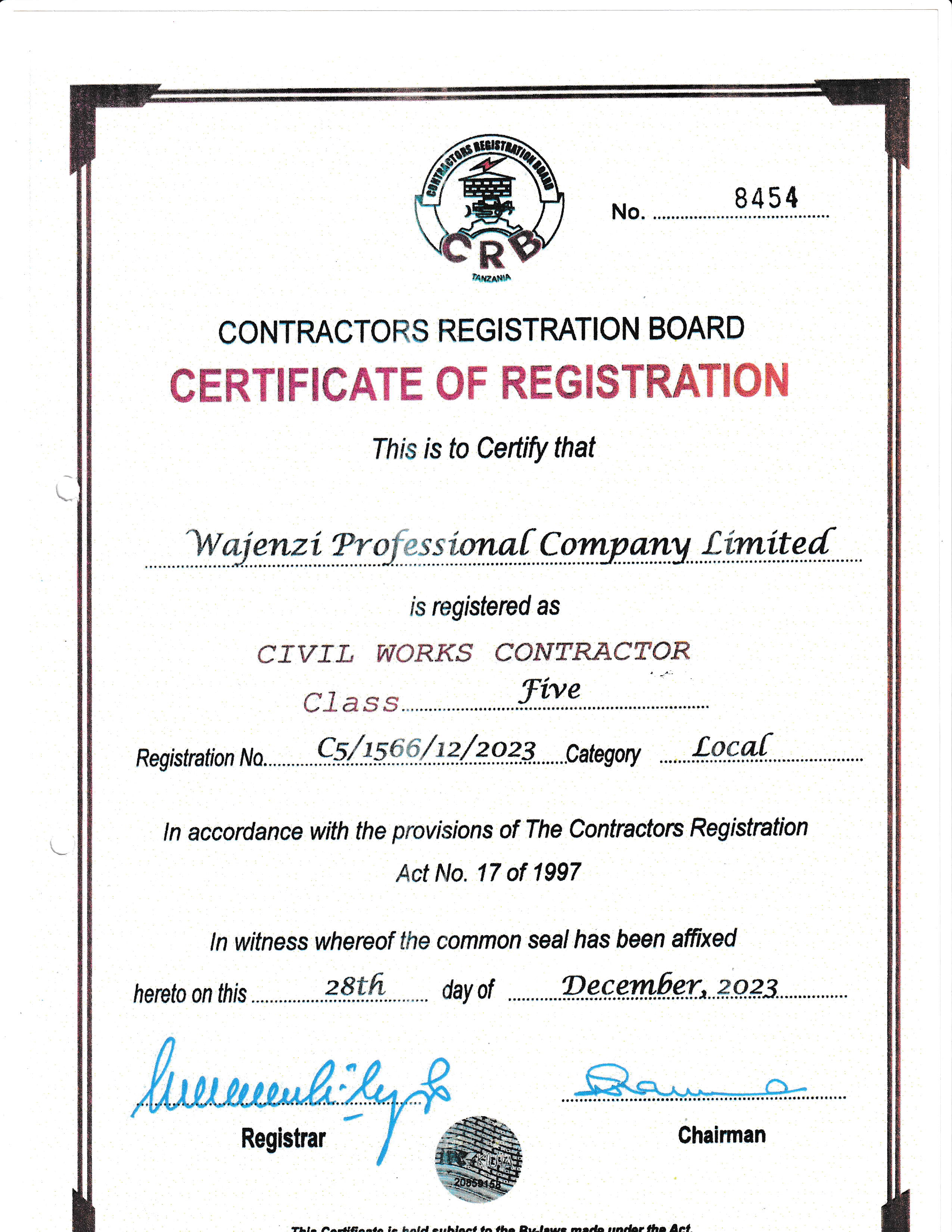 CRB Registration Certificate