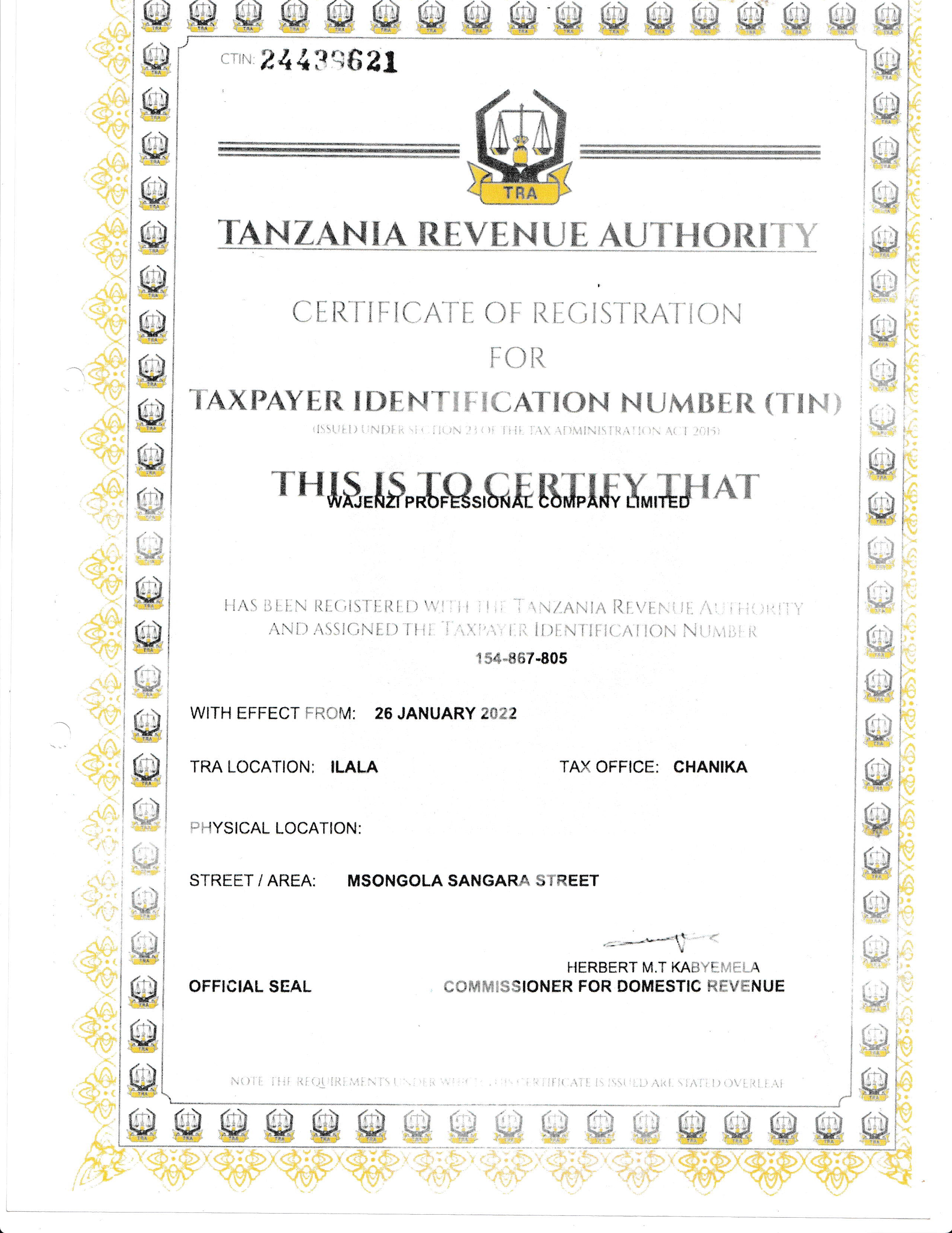 TRA Registration Certificate